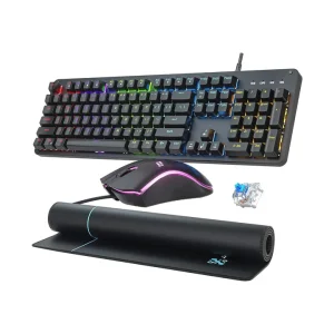 Taiahiro X003 Combo teclado mecánico mouse y Alfombrilla /104 teclas tamaño completo RGB retroiluminado/interruptor azul Intercambiable/mouse ergonómico RGB con alfombrilla/teclado con cable anti-fantasma para Windows/ PC laptop & Mac Gamer