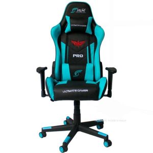 J & R asiento cuero sintético Diseño ergonómico SGJR-001/ Graduable reclinable 90-180 grados/apoya manos espaldar regulable/base tipo estrella con rodachines/ Negro-Azul