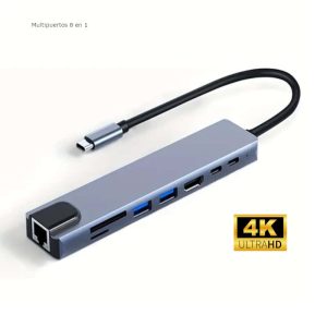 HUBXCO HXTC8 Adaptador multipuertos Tipo USB C a PD 8 puertos en 1/ 4K UHD/ HDTV /SD -TF /USB3.0/USB2.0 /RJ45/aleación en aluminio | color gris/calidad premium_